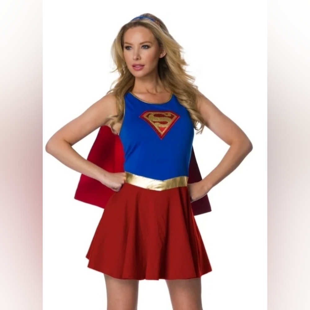 Superhero Superman Costume Dress with Sequin Logo Adult Size Standard